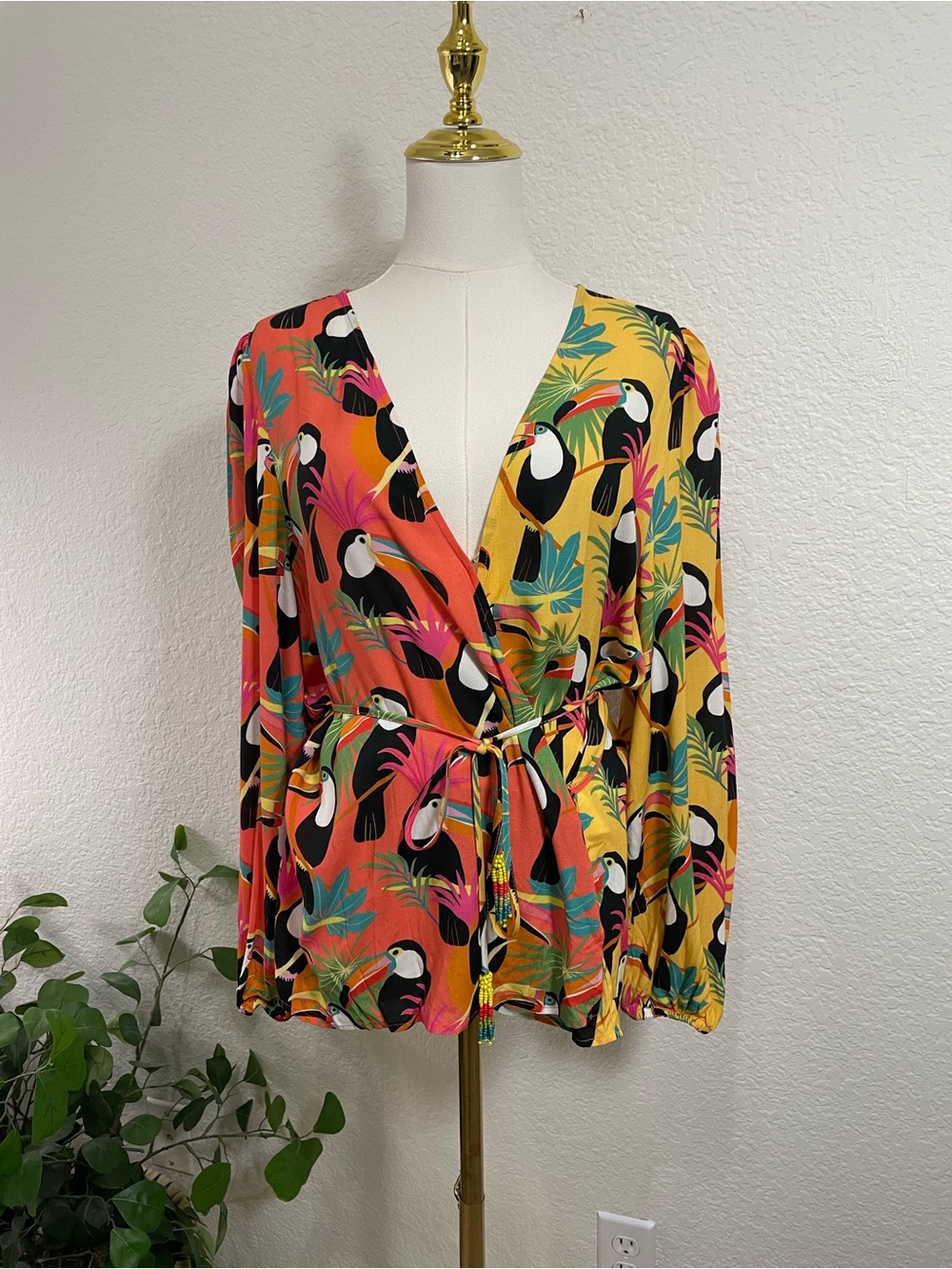 FARM Rio for Anthropologie Toucan Tropical Wrap Blouse